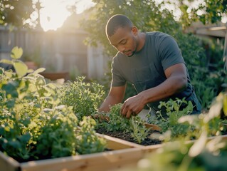 Fototapeta premium Young farmer taking care of aromatic herbs in permaculture garden at sunset