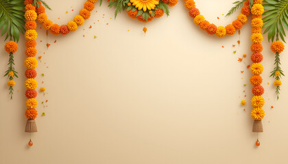 Beige background with a floral Indian toran garland made of marigold flowers and mango leaves. Ornamentation for Hindu festivities. Banner for Ugadi, Gudi Padva, Hindu New Year, Diwali, Onam, Pongal f