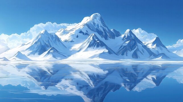 Majestic snow-covered mountains reflected in a pristine, calm polar ocean under a clear blue sky - Powered by Adobe