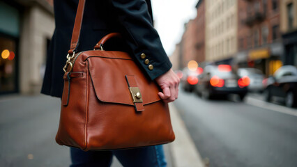 Caucasian young female holding stylish leather bag on urban street