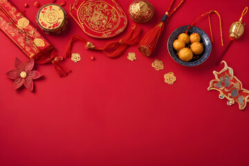 Chinese new year decorations forming a border on red background