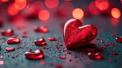 Shimmering red hearts on glittery surface with bokeh lights