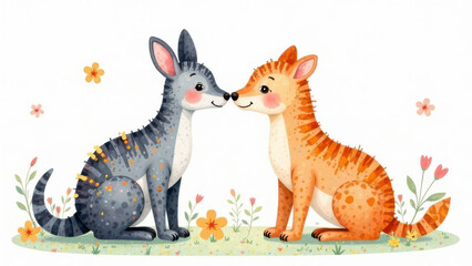 Whimsical cartoon kangaroo and tasmanian tiger sharing a moment in a floral meadow