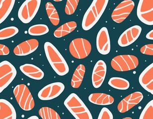 Vector Salmon Meat Texture. Abstract Sushi Seamless Pattern. Seafood Illustration. Fish Fillet Background