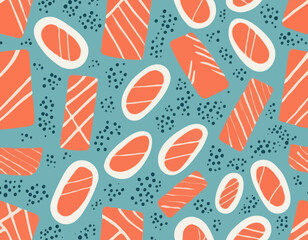 Vector Salmon Meat Texture. Abstract Sushi Seamless Pattern. Seafood Illustration. Fish Fillet Background