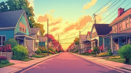 Naklejka premium colorful anime manga style, quaint cottage street, 16:9