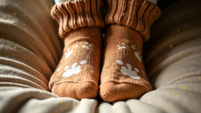 Cozy warm socks with paw prints on a soft blanket