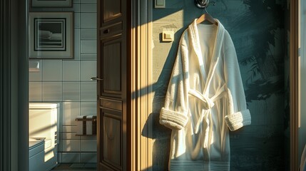 Fototapeta premium A cozy white bathrobe hangs in a sunlit, serene bathroom setting.