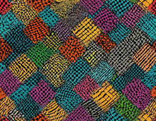 Set of Colorful Seamless Patterns with Distorted Cage. Vector Groovy Y2K Checker Texture. Abstract Psychedelic Patterns with Wavy Doodle Stripes. Hand Drawn Checkered Backgrounds
