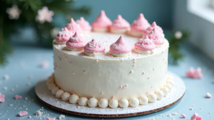 Elegant white cake with pink meringue toppings on festive table