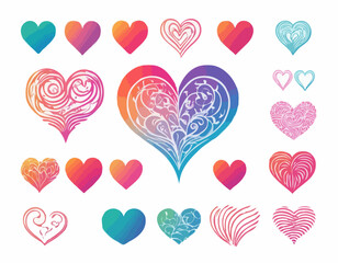 Set of Colorful Heart Shapes in Gradient. Vector Love Icons. Squiggly Heart Illustrations for Valentine's Day