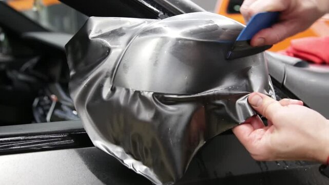 A car wrapping specialist applies a matte polyurethane film to the car. Selective focus. PPF protective film against chips and scratches. Car wrapping. Sticker protective film on the car. Nardo Grey. 