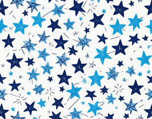 Abstract Minimalist Seamless Pattern in Memphis Aesthetic. Vector Texture with Blue Sparkle Star Shapes and Lines Isolated on White Background