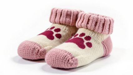 Pink knitted baby socks with paw prints - cozy and cute infant footwear