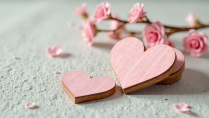 Fototapeta premium Pink wooden hearts and flowers on textured surface