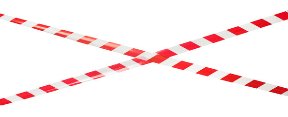 Red and white lines of barrier tape, protects for no entry, isolated on white background