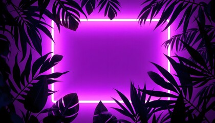 Neon Tropical Escape, A Glowing Purple Frame Highlighted by the Silhouettes of Lush Leaves, Capturing a Bold and Dreamlike Fusion of Nature and Modern Art