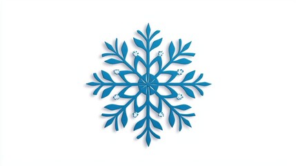 Decorative blue snowflake with leaf patterns on a white background.