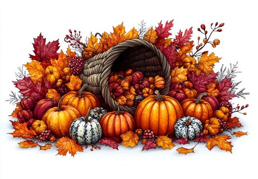 recommend clip art: Autumn cornucopia clipart for fall decor and Thanksgiving crafts, featuring vibrant watercolor illustrations of harvest