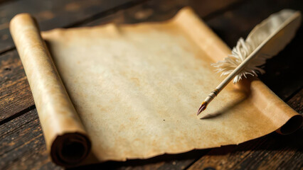 Vintage scroll on wooden table with feather quill for writing