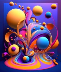 A surreal abstract 3D digital artwork depicting a vibrant explosion of colorful, fluid, and organic shapes. 