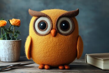 Felt brown owl decoration, perfect for kids to make their own art. Features wooden buttons. Includes scissors, thread, needles, and felt pieces. Ideal kit for creating a sewing bird toy. Has a shabby