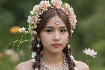 Naklejka premium Young asian bride wearing flower crown and traditional jewelry posing in garden