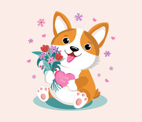Cute funny puppy, corgi breed. Cartoon dog with a bouquet of flowers, heart. Inscription I love you. Happy birthday greeting card design, Valentine's Day, Women's Day.