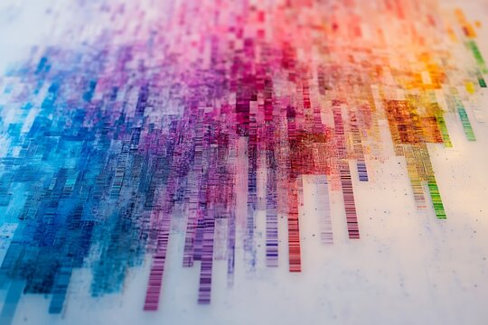 Abstract colorful barcodes forming overlapping patterns on a light surface