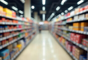 Blurry shopping shelves in supermarkets and department stores realistic image, ultra hd, high design
