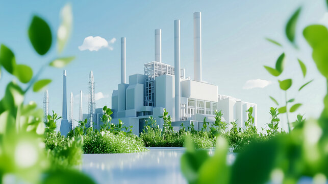 Industrial facility surrounded by lush greenery under a bright blue sky during a sunny day in a futuristic landscape