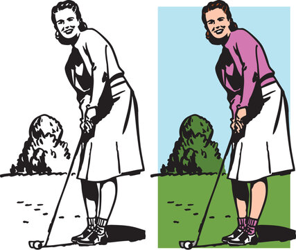 A vintage retro illustration of a woman putting a golf ball at a golf course. 