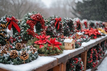 Beautifully crafted Christmas garlands or wreaths featuring wooden miniature houses are on display at a winter street market