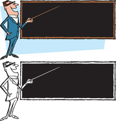 A vintage retro cartoon of a businessman with a pointer pointing at a blank chalkboard. 