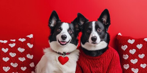 Valentine dog and pet affection idea. Two dogs in sweaters against a red background with heart pillows.