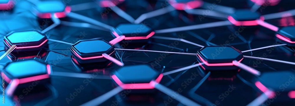 Poster a 3d rendered abstract technology science background showcasing a network of points and lines, symbo