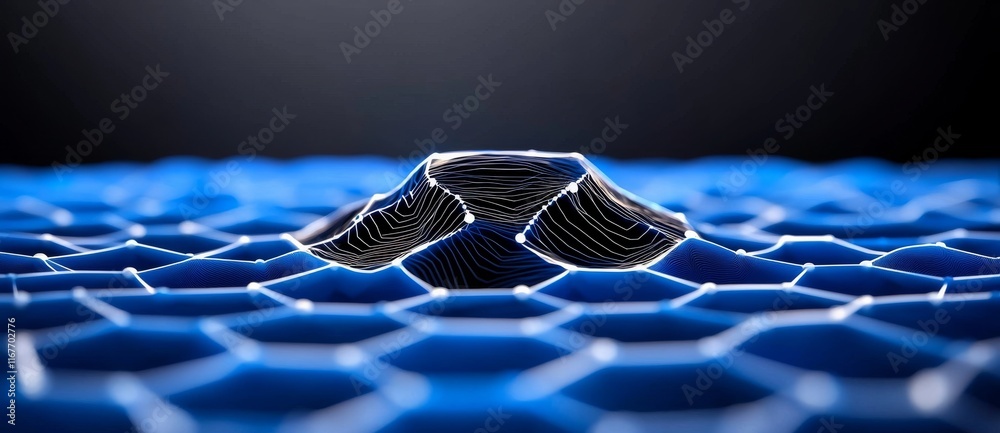 Poster a 3d rendering of an abstract wave with moving dots and lines, representing the flow of particles in