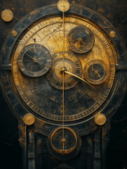 Obraz premium Surreal illustration of an antique clock with a golden coin dial, currency symbol markers, and hands transforming into growth graphs, set against a classical art-inspired background in muted tones. Ge