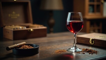 A glass of red wine sits alone on a dark wood table amidst cigar boxes and ashtrays, wine, smoke