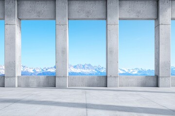 Naklejka premium A vacant room with a window that opens to a mountain view, bathed in sunlight.