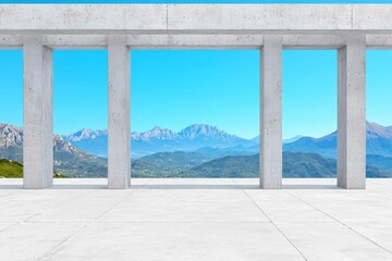 Fototapeta premium An empty room with a window, featuring a mountain backdrop and sunlight streaming in.