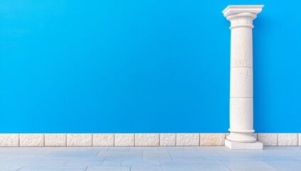 A modern building with geometric designs, set against a blue sky, viewed from a low angle and side perspective, forming a minimalistic exterior architecture scene in a street setting.