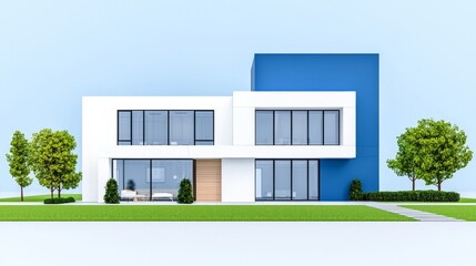 Architectural vision for a 3D model house project, accompanied by a blueprint.