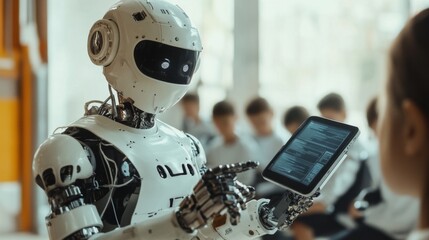 Robot teacher using tablet with students.