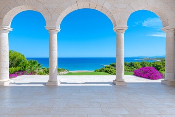 Tranquil corridor featuring the graceful elegance of classical architecture with arched columns.