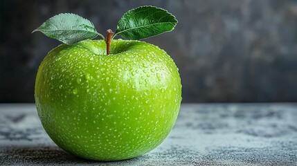 Fresh green apple with water droplets on a grey surface.