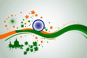 Indian flag colors waving with ashoka chakra and festive stars