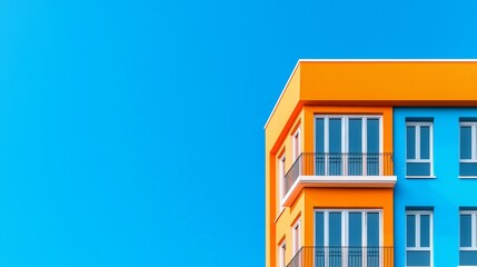 Striking geometric structures featuring vivid orange and teal hues, contrasted with a clear blue sky, showcasing contemporary design and minimalism.