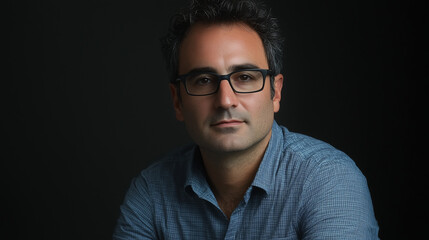 Obraz premium Retrato de hombre con gafas y camisa azul sobre fondo oscuro