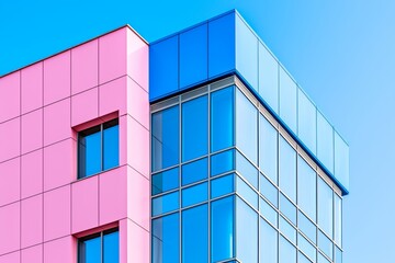 A modern geometric building's reflective glass windows glisten in the sunlight.